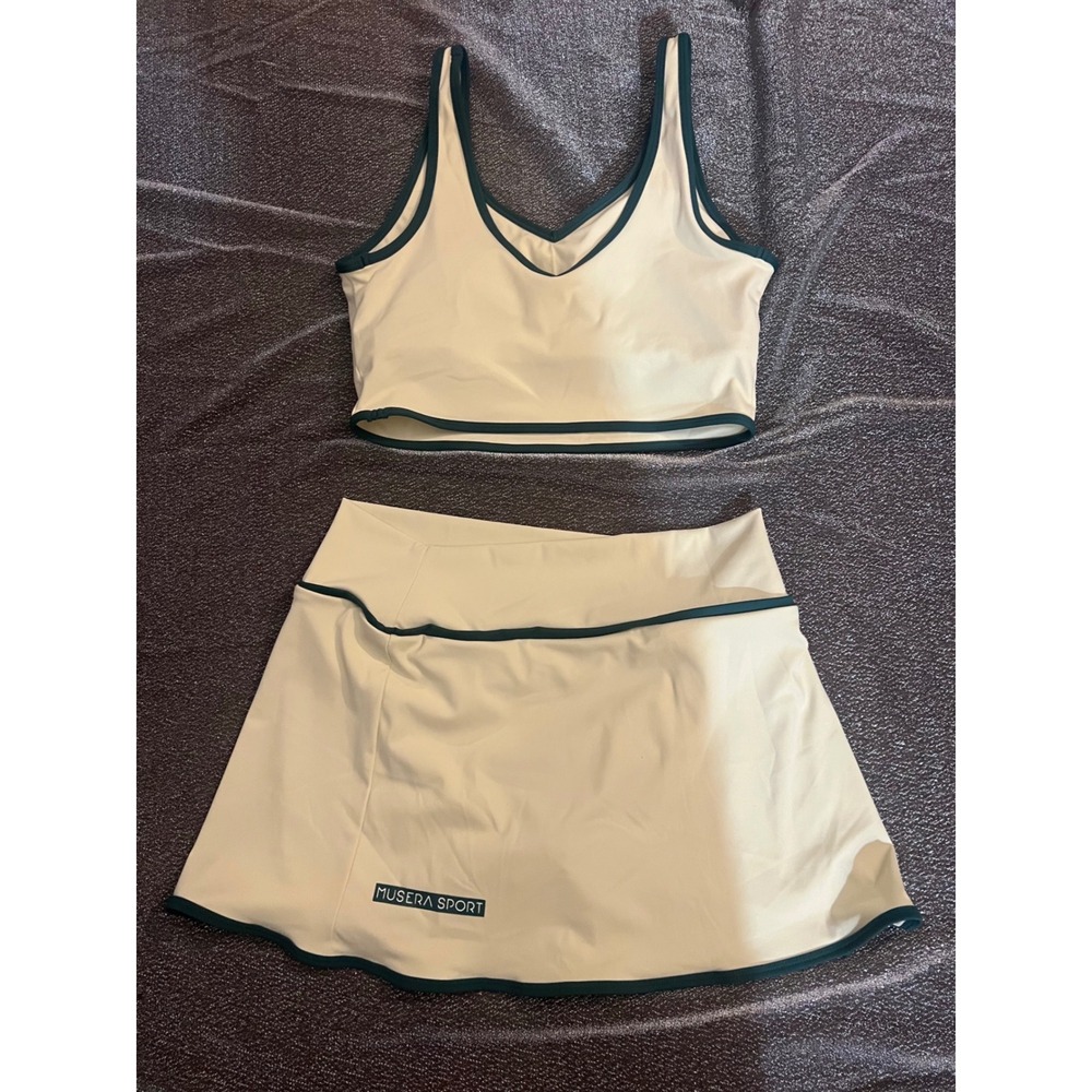 Musera Sport Cream Green Trim Tennis Skirt and Sports Bra Set Size Large